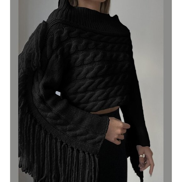 Women’s Black Unybwonn Off Shoulder Tassel Knit Cropped Y2K Sweater - Picture 4 of 6